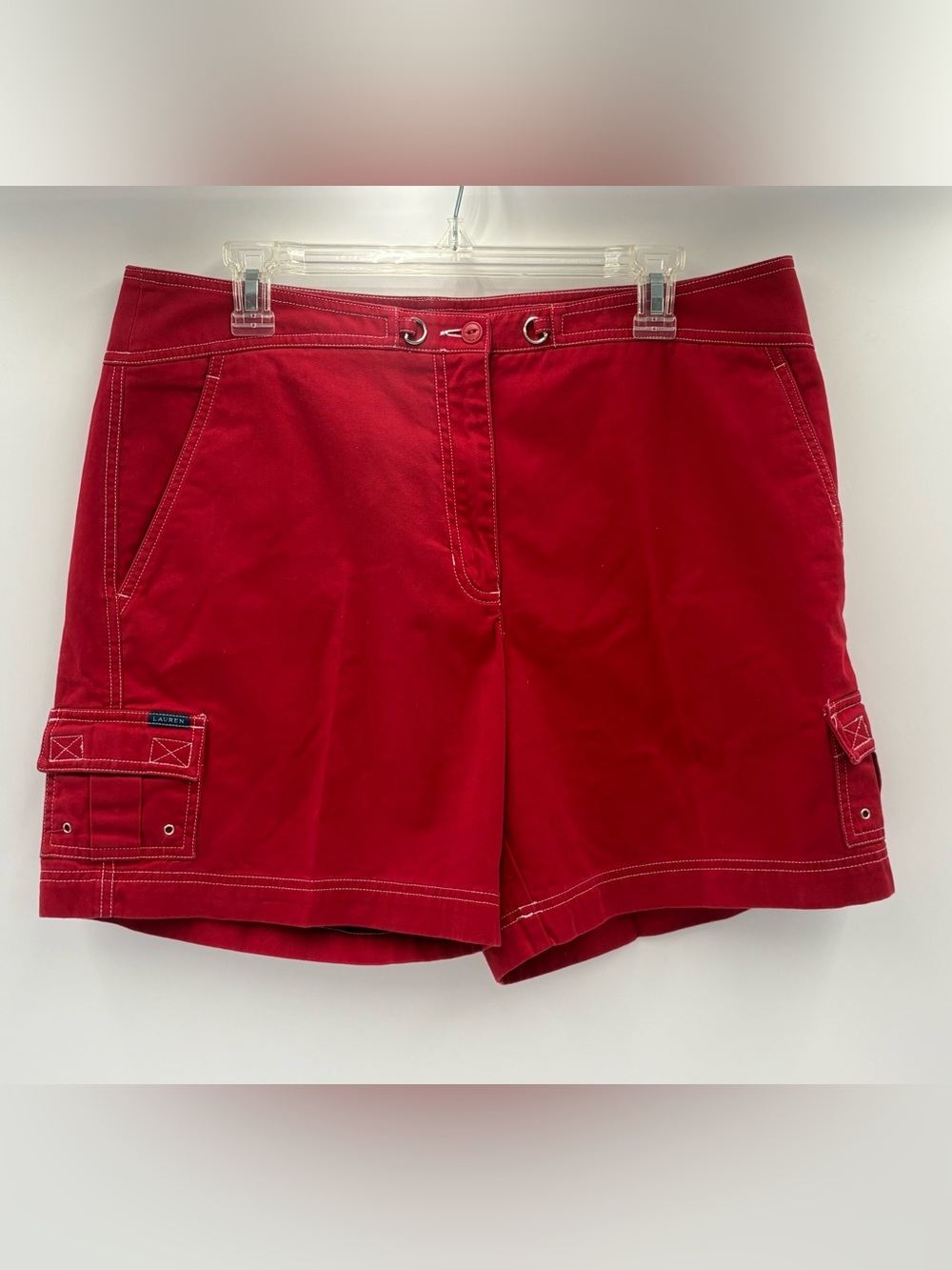 Lauren Ralph Lauren Women’s Red Cotton Cargo Shorts Size 14 White Stitching